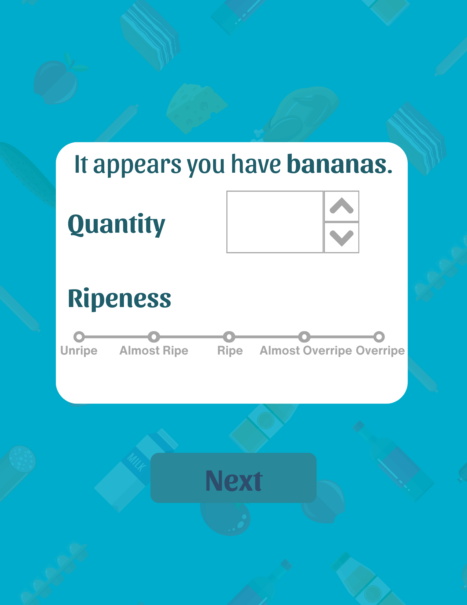 KitchIntel screen showing how to adjust an item's quantity by tapping the count and using up and down arrows.