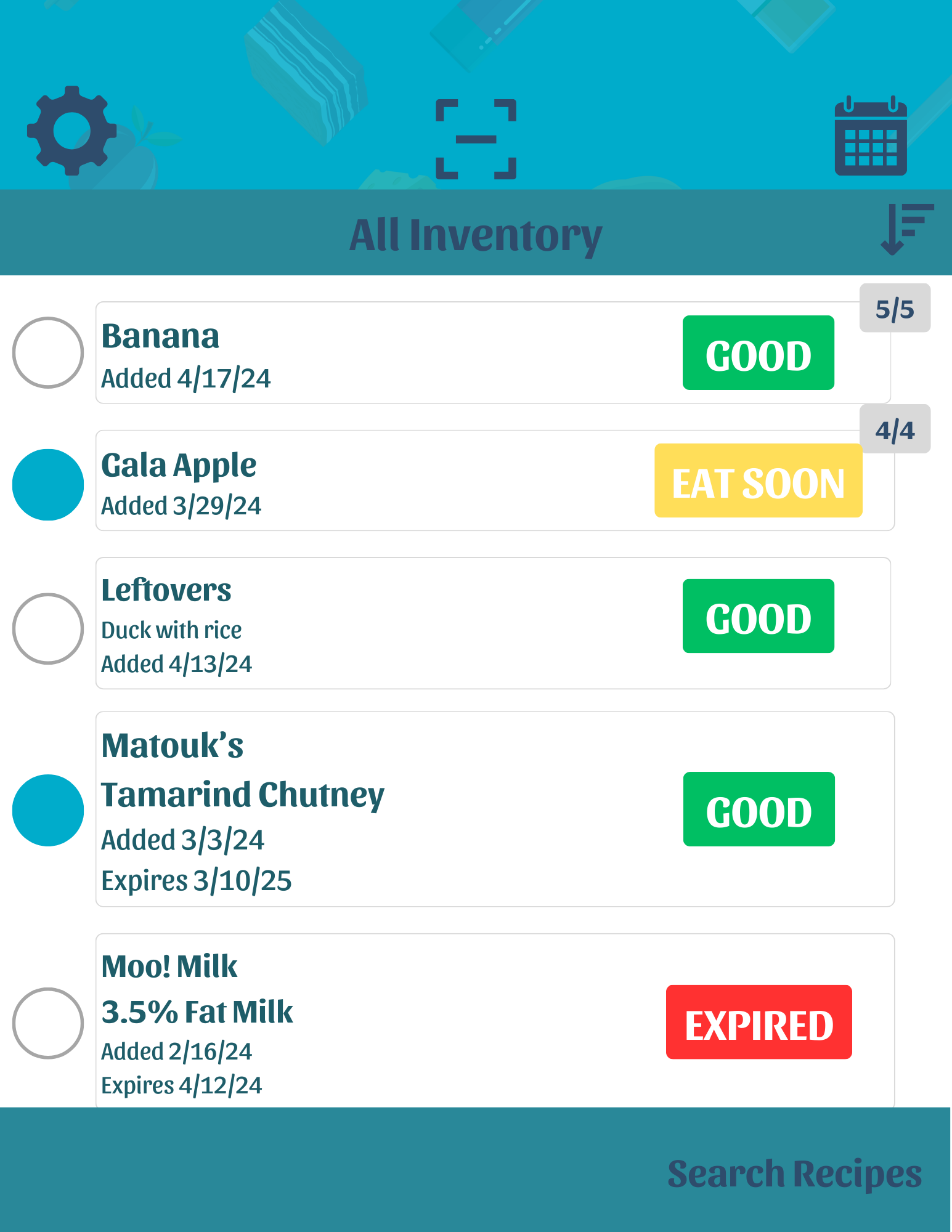 KitchIntel recipe search screen suggesting recipes that use items nearing their expiration date.