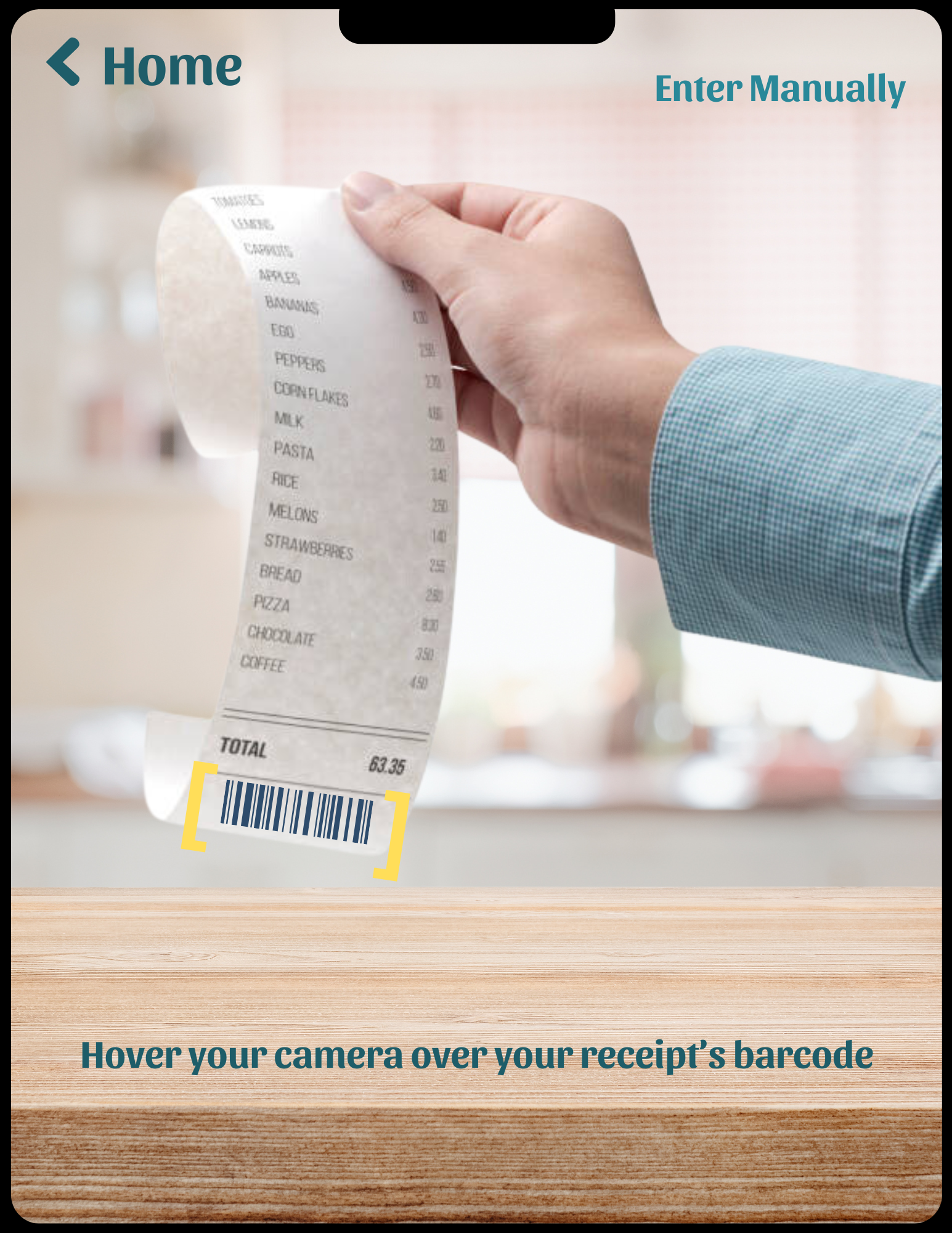 KitchIntel scanning screen, where a user scans a receipt or barcode to log a new food item, with an option to enter it manually.